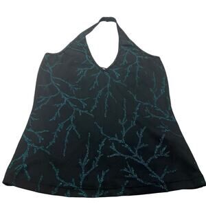 Y2K Vintage VERSACE Glitter Turquoise Lightning Print Glitter Halter Top Medium